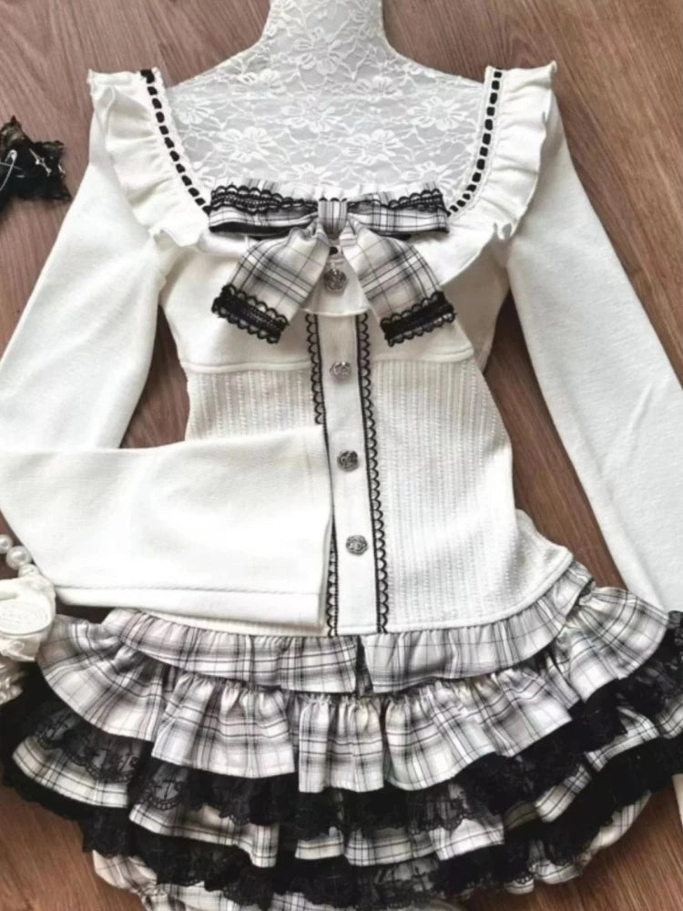 Kawaii Women Two Pieces Set Korean Cute Slim Bow Y2k Aesthetic Crop Top + Fashion Sexy Plaid Lace Patchwork Pleated Mini Skirts