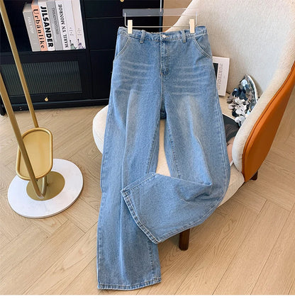 Plus-size women's fall casual commute baggy comfort jeans Dark blue high-waist-straight leg button pocket long wide-leg pants