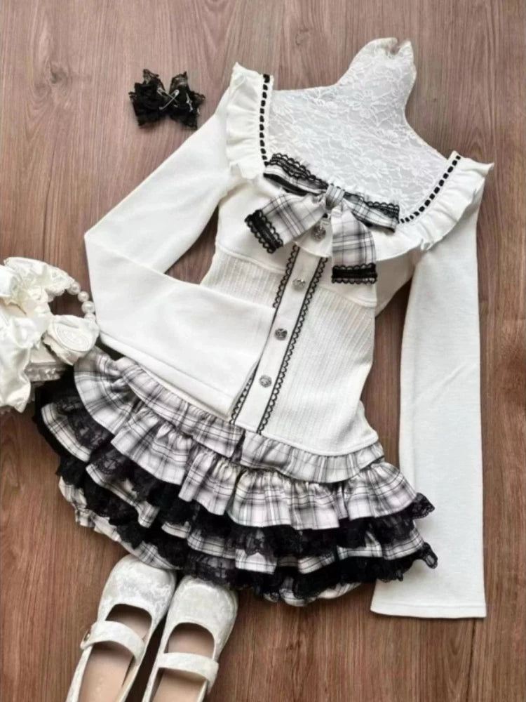 Kawaii Women Two Pieces Set Korean Cute Slim Bow Y2k Aesthetic Crop Top + Fashion Sexy Plaid Lace Patchwork Pleated Mini Skirts