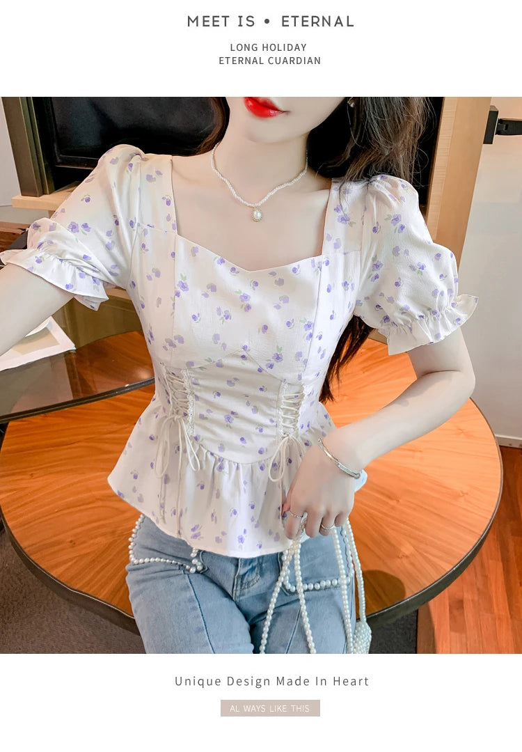 Vintage Summer Printed Blouses Women 2024 Casual Puff Sleeve Ladies Crop Tops Flower Korean Style Slim Retro Chiffon Shirts Y2k