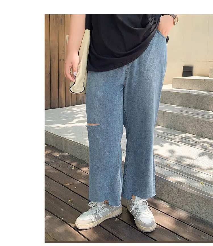 2023 Spring Autumn Loose Casual Jeans Fashion Trousers Ripped Straight Leg High Waist Bottom Solid Plus Size Cropped Pants Women