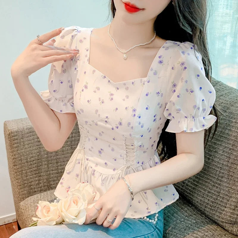 Vintage Summer Printed Blouses Women 2024 Casual Puff Sleeve Ladies Crop Tops Flower Korean Style Slim Retro Chiffon Shirts Y2k