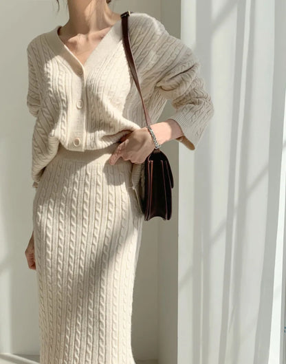 Women Full Sleeve Coats Korean Sweaters V Neck Cardigan Loose Two Piece Sets Solid Knitted Package Hip Skirt Set 2023 Autumn