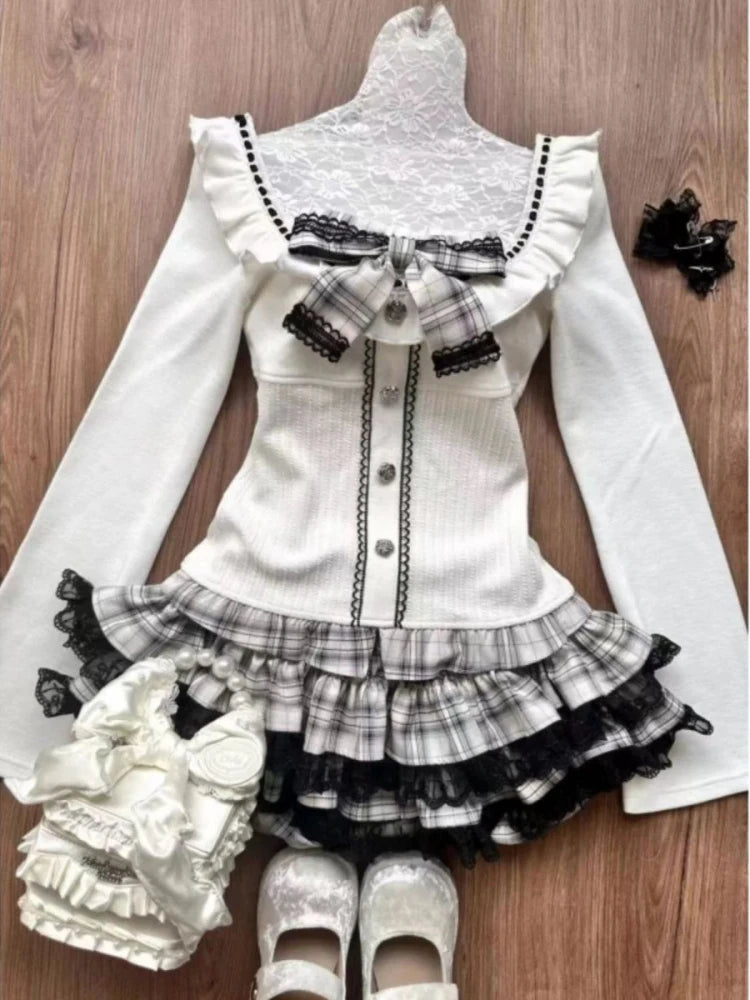 Kawaii Women Two Pieces Set Korean Cute Slim Bow Y2k Aesthetic Crop Top + Fashion Sexy Plaid Lace Patchwork Pleated Mini Skirts