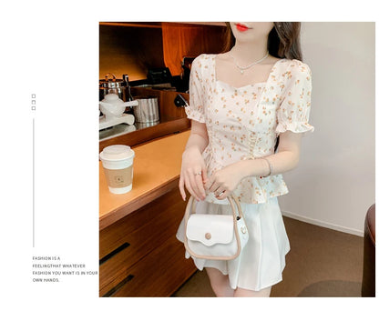 Vintage Summer Printed Blouses Women 2024 Casual Puff Sleeve Ladies Crop Tops Flower Korean Style Slim Retro Chiffon Shirts Y2k