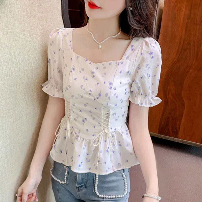 Vintage Summer Printed Blouses Women 2024 Casual Puff Sleeve Ladies Crop Tops Flower Korean Style Slim Retro Chiffon Shirts Y2k