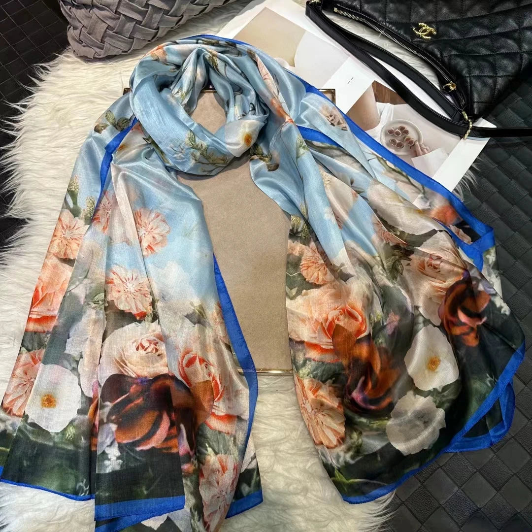 [BYSIFA] Ultralarge Spring Autumn Silk Scarf Wraps Brand Female Long Scarf Cape Fashion New Design Lace Pattern Blue Silk Scarf