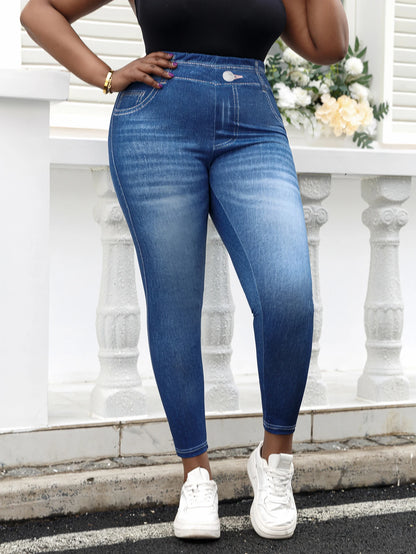 Plus Size Women's Imitation Jeans Leggings Vintage Wash Design Mid-Waisted Knit Pants Stretchy and Trendy Athletic Trousers