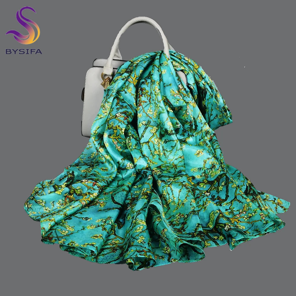 [BYSIFA] Ultralarge Spring Autumn Silk Scarf Wraps Brand Female Long Scarf Cape Fashion New Design Lace Pattern Blue Silk Scarf