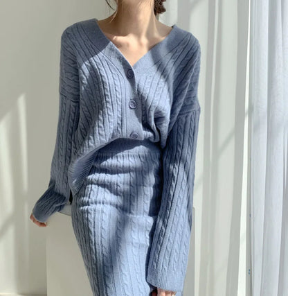 Women Full Sleeve Coats Korean Sweaters V Neck Cardigan Loose Two Piece Sets Solid Knitted Package Hip Skirt Set 2023 Autumn