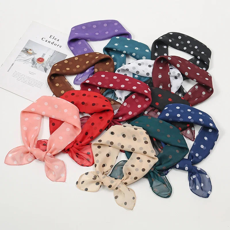 Retro Polka Dot Montage Chiffon Square Scarf Women Soft Hairband Neckerchief Hijab Lady Headband Foulard Bag Ribbons Kerchief