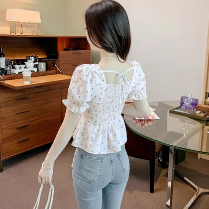 Vintage Summer Printed Blouses Women 2024 Casual Puff Sleeve Ladies Crop Tops Flower Korean Style Slim Retro Chiffon Shirts Y2k