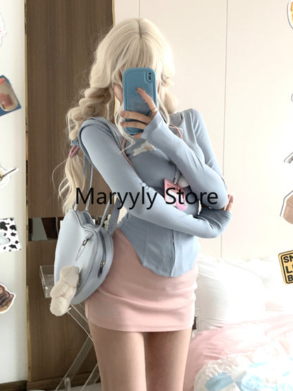 2023 Summer Elegant Long Sleeve Crop Tops + Pure Color Mini Skirts 2 Piece Dress Set Female Y2k Bodycon French Party Suits Style