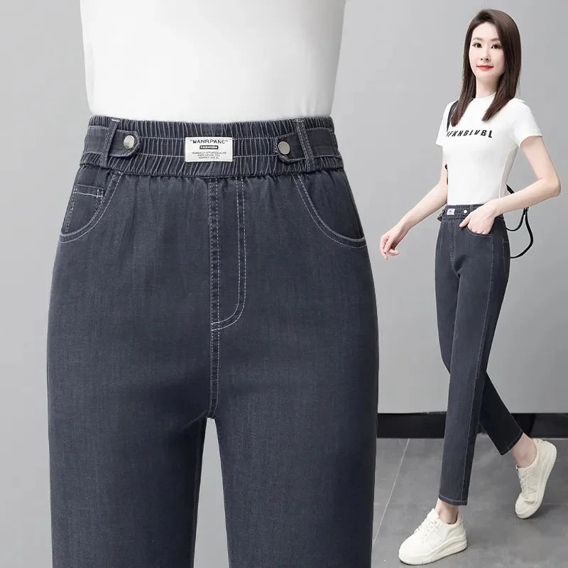 High-Quality Jeans Women's Summer Thin New Style 2024 Cowboy Pants High Waist Ice Silk Nine Points Harlan Denim Trousers Female