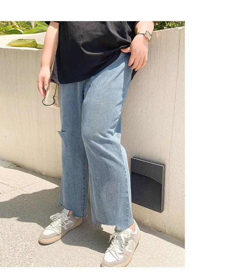 2023 Spring Autumn Loose Casual Jeans Fashion Trousers Ripped Straight Leg High Waist Bottom Solid Plus Size Cropped Pants Women