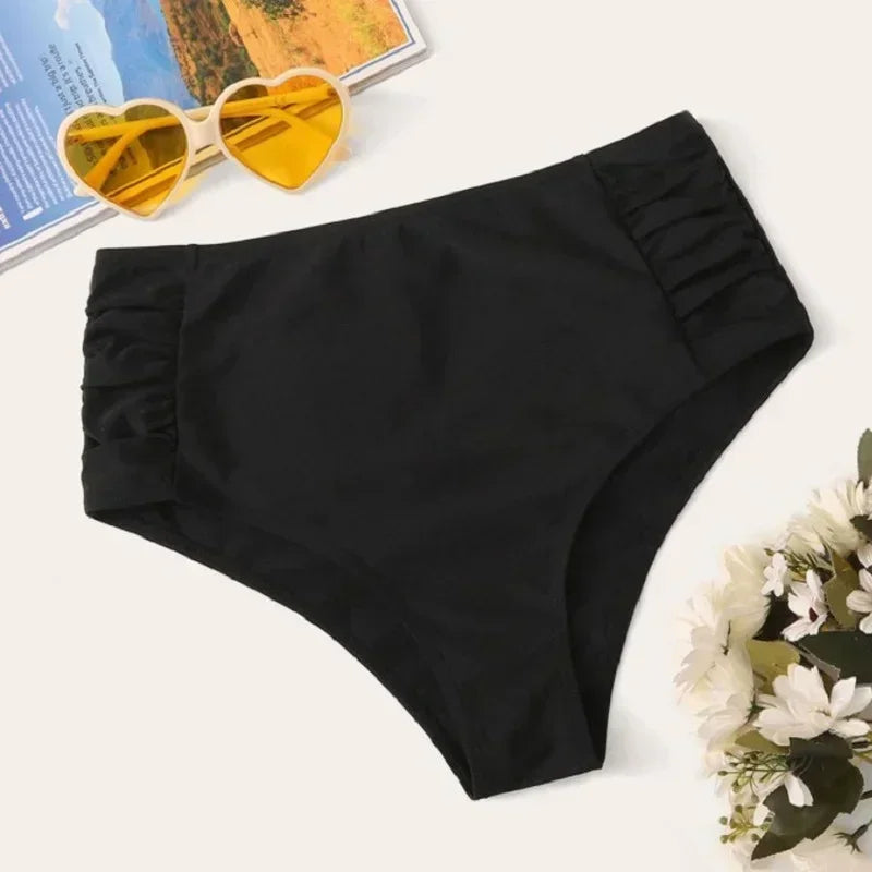 2024 High Waist Ruched Bikini Bottoms Women Tummy Control Swimsuit Briefs Pants Solid Beachwear Spandex Beach Style Summer